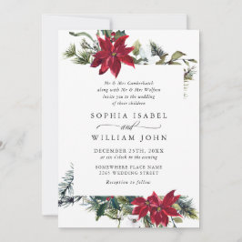 Invitation Elegant Red Poinsettia Pine Fir Watercolor Wedding