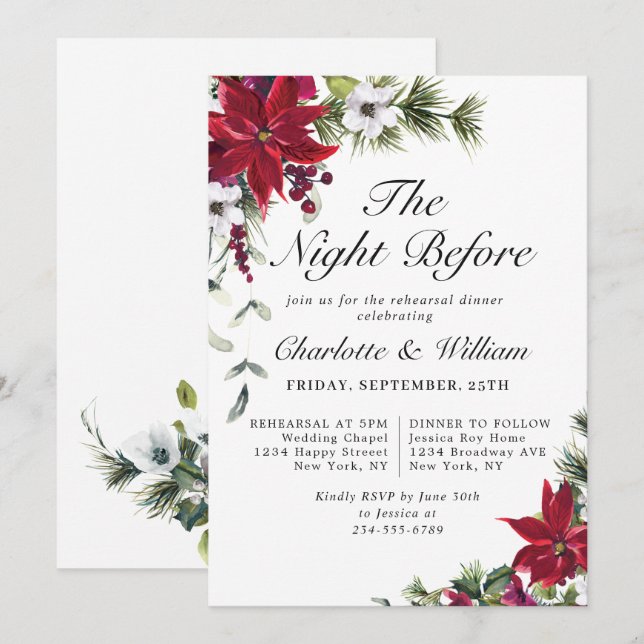 Invitation Elegant Red Poinsettia Watercolor REHEARSAL DINNER (Devant / Derrière)