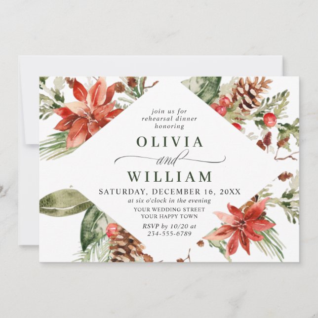 Invitation Elegant Red Poinsettia Watercolor REHEARSAL DINNER (Devant)
