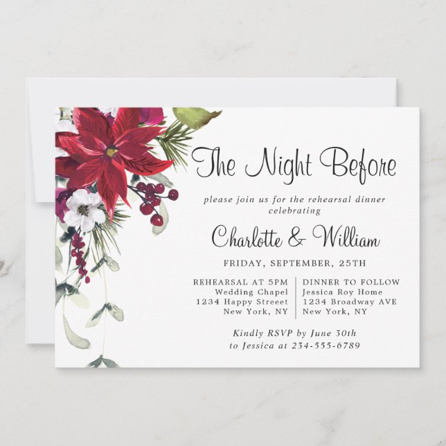 Invitation Elegant Red Poinsettia Watercolor REHEARSAL DINNER (Devant)