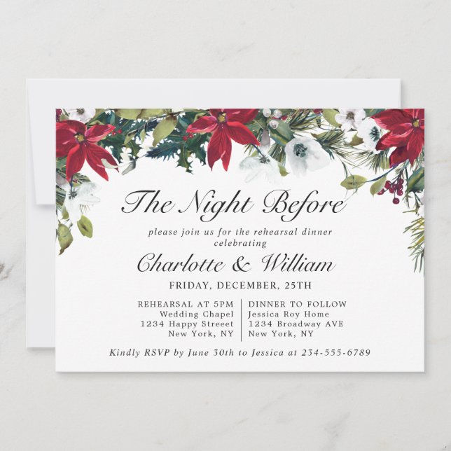 Invitation Elegant Red Poinsettia Watercolor REHEARSAL DINNER (Devant)