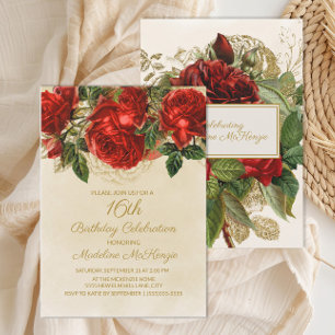 Invitation Elegant Red Roses Champagne 16e Anniversaire