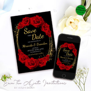 Invitation Elégant Red Roses Gold Frame Mariage Enregistrer l