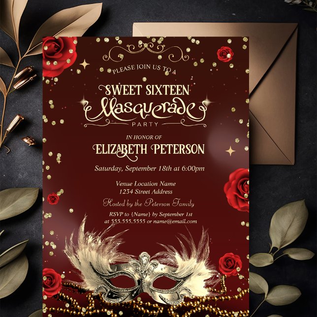 Invitation Elegant Red Roses Gold Masque Pearls Sweet 16   (Créateur téléchargé)