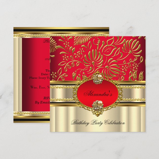 Invitation Elégant Regal Red Cream Gold Damask Anniversaire (Devant / Derrière)