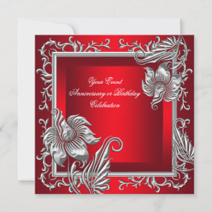 Invitation Élégant Regal rouge Silver Floral Party