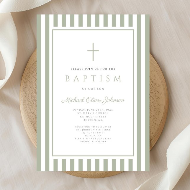 Invitation Elegant Religious Sage Green Boy Baptism (Elegant Religious Sage Green Boy Baptism Invitation)