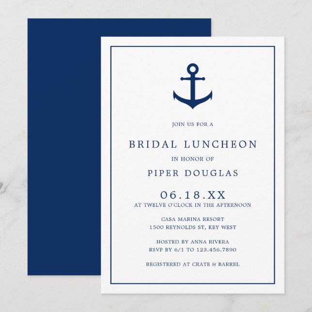 Invitation Élégant repas nautique Ancre bleue marine (Devant / Derrière)