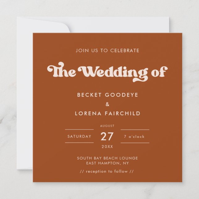 Invitation Élégant rétro Burnt Orange Carré mariage (Devant)