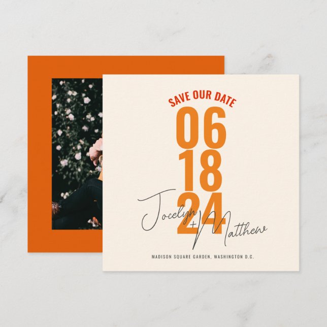 Invitation Élégant Rétro Moderne Floral Orange Enregistrer la (Devant / Derrière)
