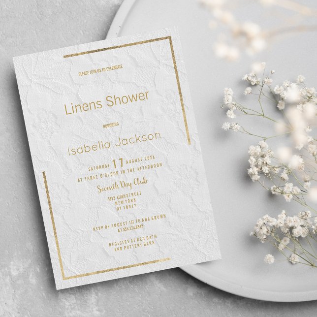 Invitation Élégant rideau de douche en dentelle florale en or (Elegant white gold floral lace Linens Shower )