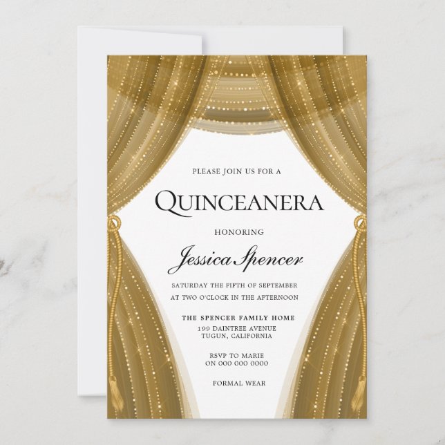 Invitation Elégant rideau d'or Parti Quinceanera moderne (Devant)