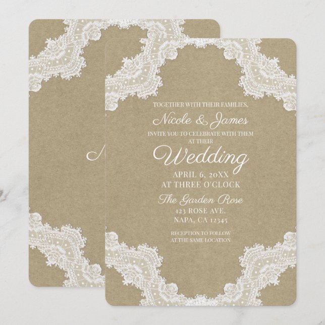Invitation Élégant roman rustique Dentelle blanche et Mariage (Devant / Derrière)