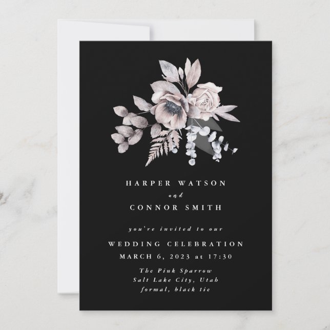 Invitation Elégant romantique Aquarelle Mariage Floral Noir (Devant)