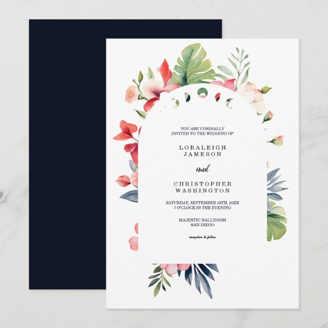 Invitation Élégant Romantique Arc Floral Mariage Tropical (Devant / Derrière)