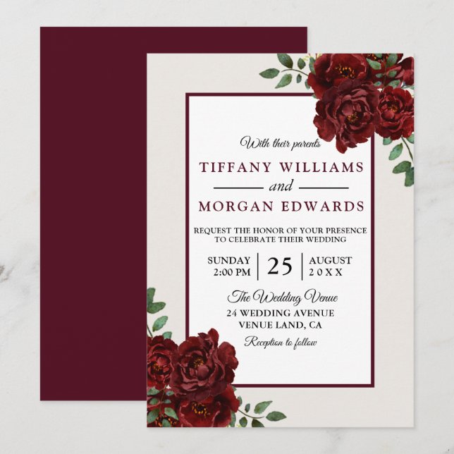 Invitation Elégant Romantique Bourgogne Roses Mariage Inviter (Devant / Derrière)