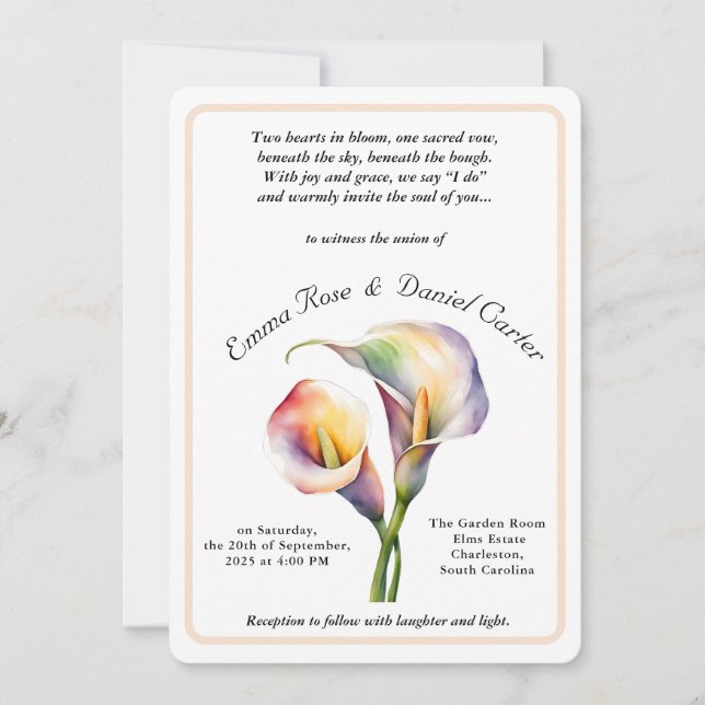 Invitation Elégant romantique Calla Lily Aquarelle douce Past (Devant)
