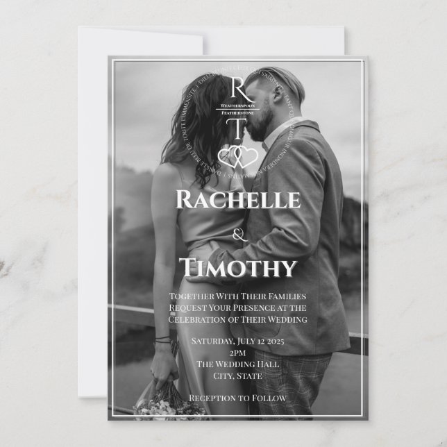 Invitation Élégant romantique noir blanc 1 Mariage photo (Devant)