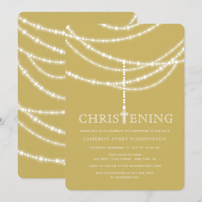 Invitation Elégant Rosary Cross Sparkles Christening Invitati (Devant / Derrière)