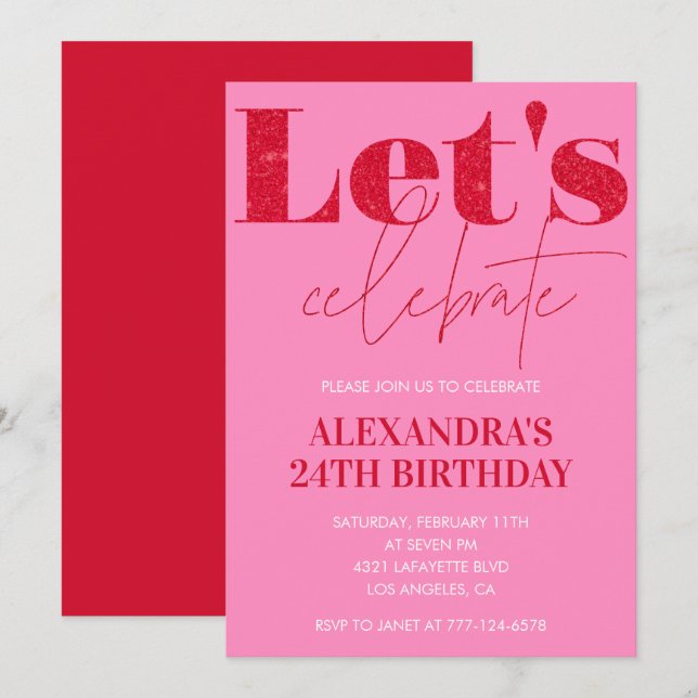 Invitation Elegant rose 24ème anniversaire Parties scintillan (Devant / Derrière)