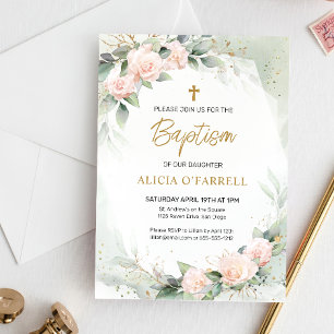 Invitation Elégant rose Aquarelle Fleurs Verdure Baptême