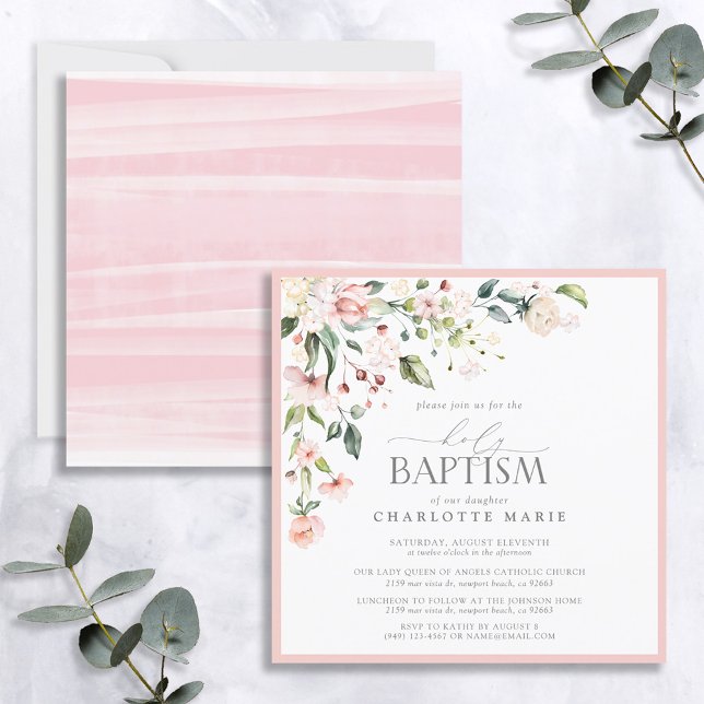 Invitation Elégant rose Aquarelle Floral Girl Baptism (Créateur téléchargé)
