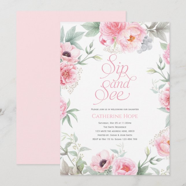 Invitation Elégant, rose, aquarelle florale, Sip and See (Devant / Derrière)