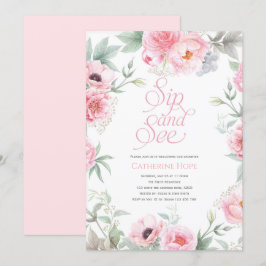 Invitation Elégant, rose, aquarelle florale, Sip and See