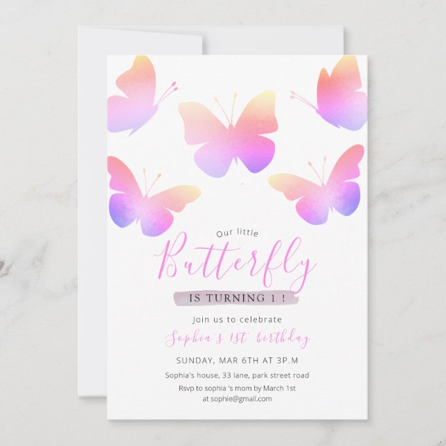 Invitation Elégant rose Aquarelle Papillon 1er anniversaire (Devant)