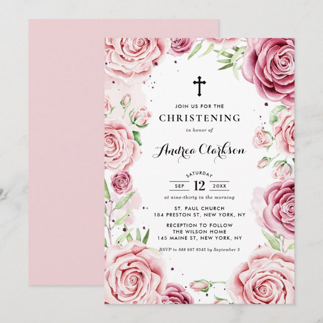 Invitation Elégant rose Aquarelle Rose Frame Christening (Devant / Derrière)