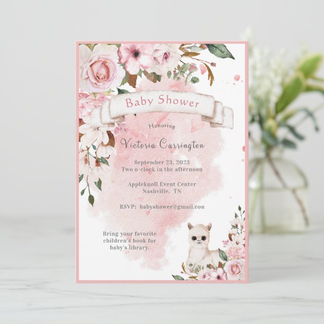 Invitation Élégant rose bébé fille Baby shower floral Script (Debout devant)