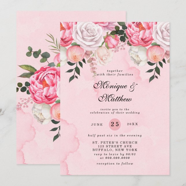 Invitation Elégant rose blanc Aquarelle Peonies Mariage (Devant / Derrière)