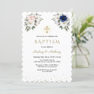 Invitation Elégant rose blanc Fleurs Bleues Jumeaux Baptême