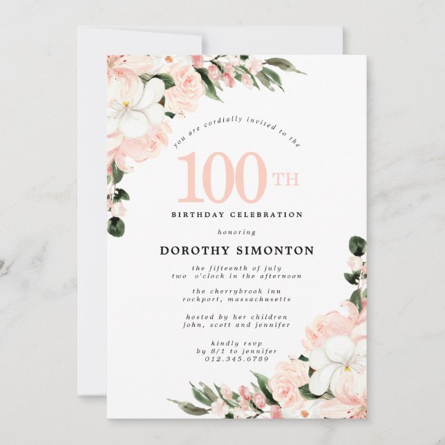 Invitation Elégant rose blanc floral 100e anniversaire (Devant)