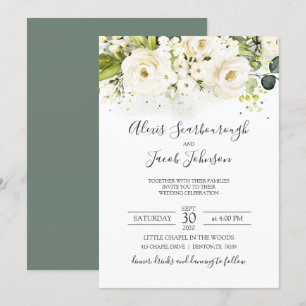 Invitation Élégant Rose blanche et Mariage or Cursive