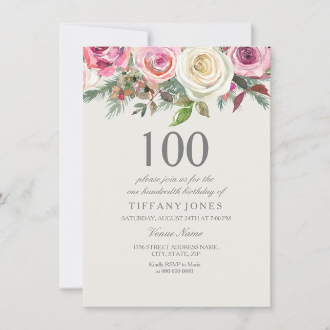 Invitation Élégant Rose blanche Floral 100e anniversaire Invi (Devant)