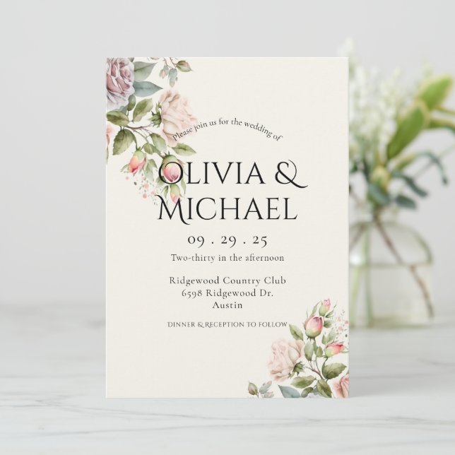 Invitation Elégant rose bleu Aquarelle Mariage Floral (Debout devant)