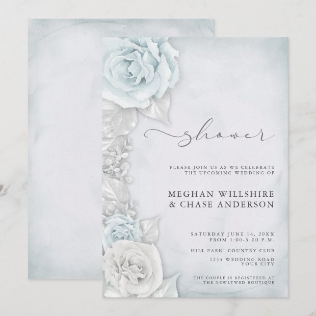 Invitation Élégant Rose bleu argent Wedding shower (Devant / Derrière)