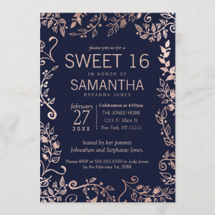 Invitation Élégant Rose bleu de la marine Gold Floral Sweet 1