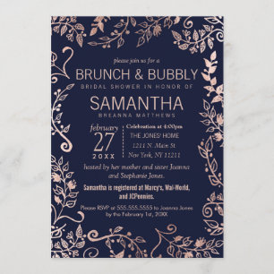 Invitation Élégant Rose bleu Gold Floral Brunch