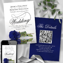 Invitation Elégant Rose bleu marine Fancy QR Code Mariage