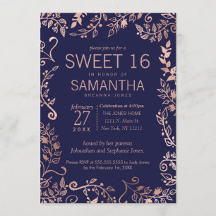 Invitation Élégant Rose bleu marine Gold Floral Sweet 16