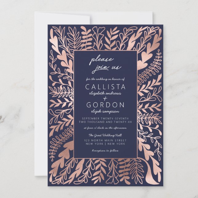 Invitation Elégant Rose bleu marine or Floral Mariage feuille (Devant)
