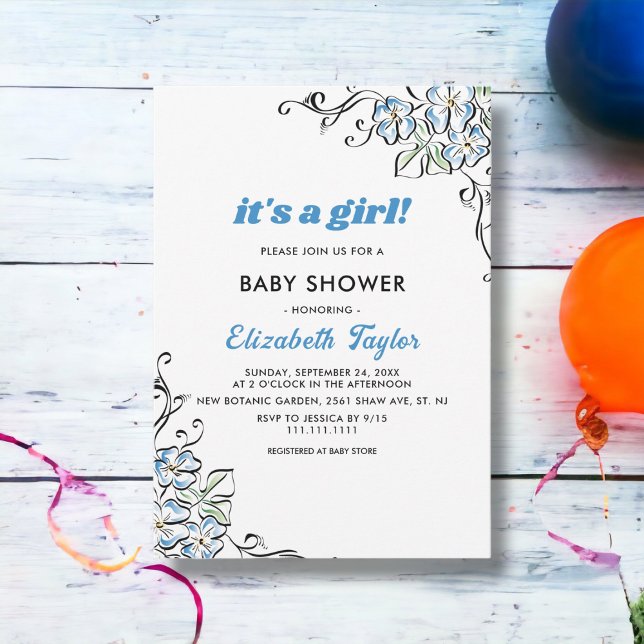 Invitation Elégant Rose bleu rustique Floral Girl Baby shower (Créateur téléchargé)