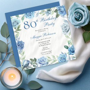 Invitation Elégant Rose Blue Floral Frame 80e fête d'annivers