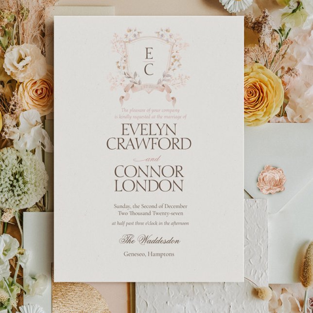 Invitation Elegant Rose Blush Floral Crest Wedding (Créateur téléchargé)