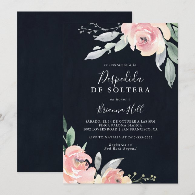 Invitation Élégant rose Blush Floral Fête des mariées Espagno (Devant / Derrière)