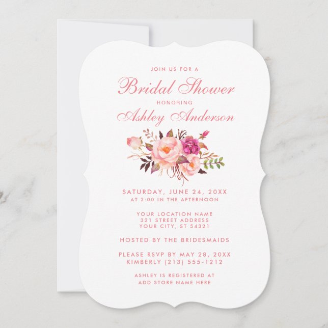 Invitation Élégant rose Blush Floral Fête des mariées Invitat (Devant)