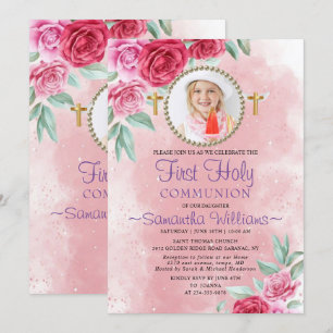 Invitation Élégant Rose Blush Photo Première communion