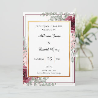Invitation Élégant Rose Bourgogne Gold encadré Mariage